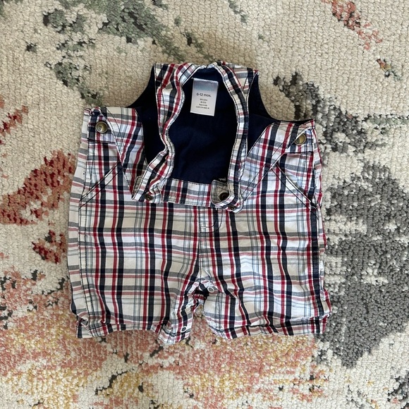 Y2K Gymboree Baby Boy Plaid Red White Blue Overalls Shortalls 6-12 M 100% Cotton - Picture 9 of 14